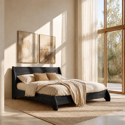 Low Profile Natural Solid Wood Bed Frame With Winged Headboard and Curved Base - ArborisWood - 8