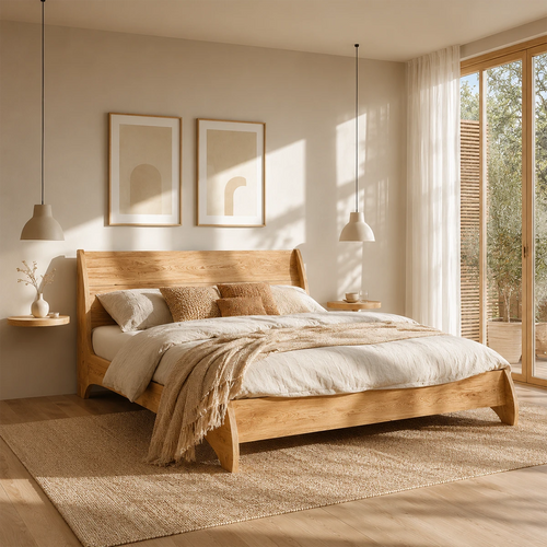 Low Profile Natural Solid Wood Bed Frame With Winged Headboard and Curved Base - ArborisWood