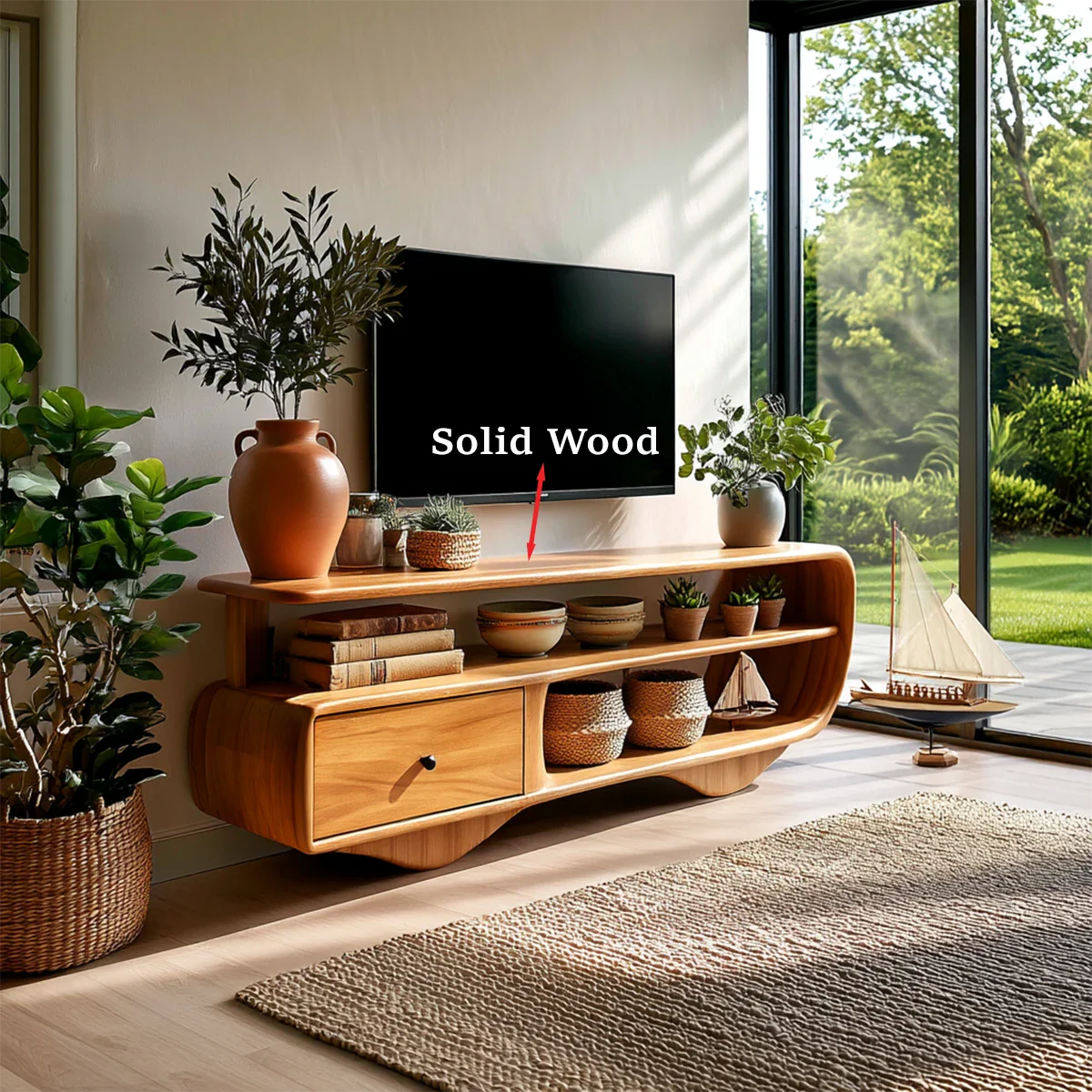 Low Profile TV Stand with Drawer and Open Shelves in Natural Solid Wood - ArborisWood - 10