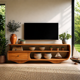 Low Profile TV Stand with Drawer and Open Shelves in Natural Solid Wood - Arboriswood - 14