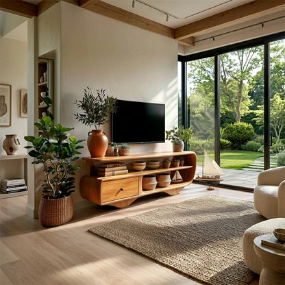 Low Profile TV Stand with Drawer and Open Shelves in Natural Solid Wood - ArborisWood - 2