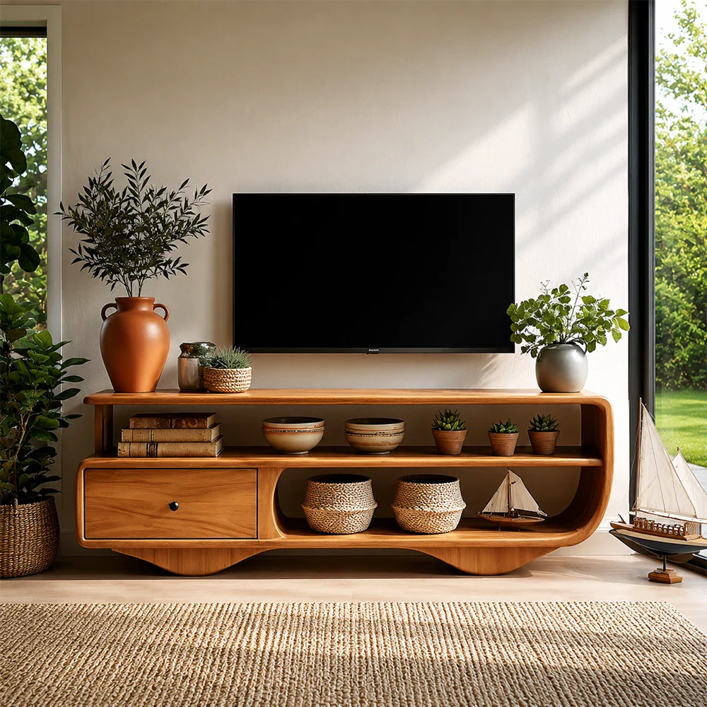 Low Profile TV Stand with Drawer and Open Shelves in Natural Solid Wood - ArborisWood - 3