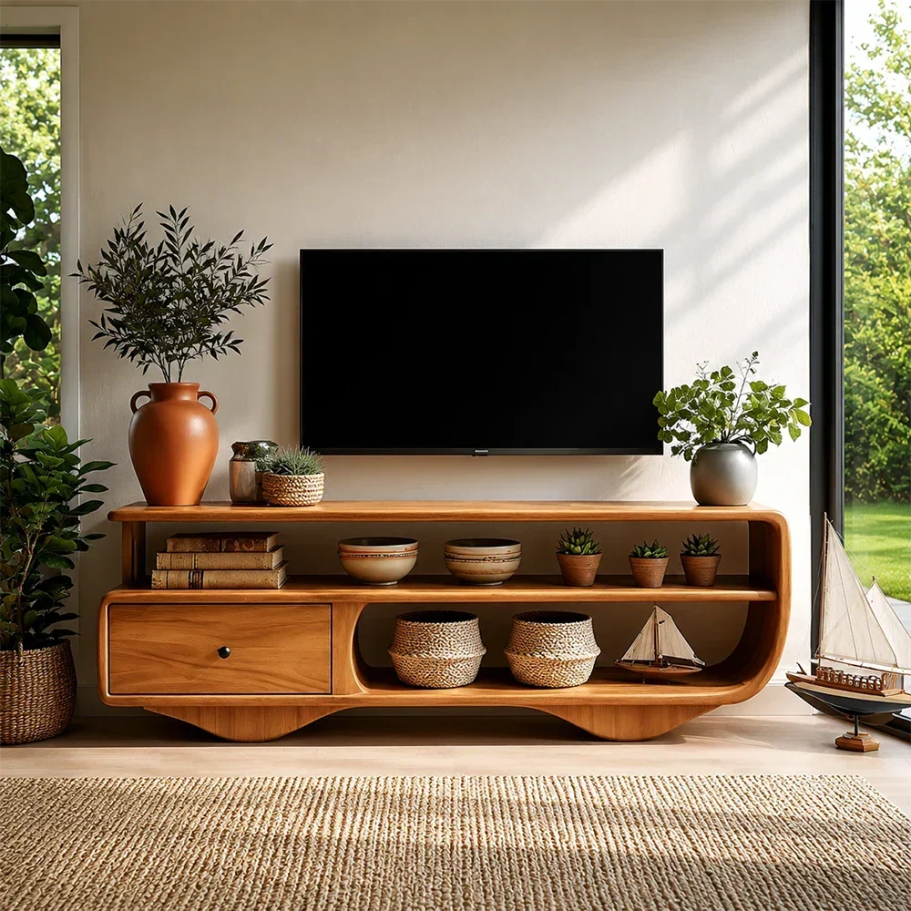 Low Profile TV Stand with Drawer and Open Shelves in Natural Solid Wood - Arboriswood - 3