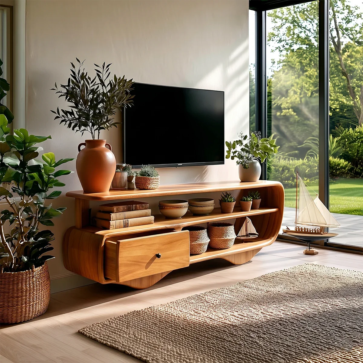 Low Profile TV Stand with Drawer and Open Shelves in Natural Solid Wood - ArborisWood - 5