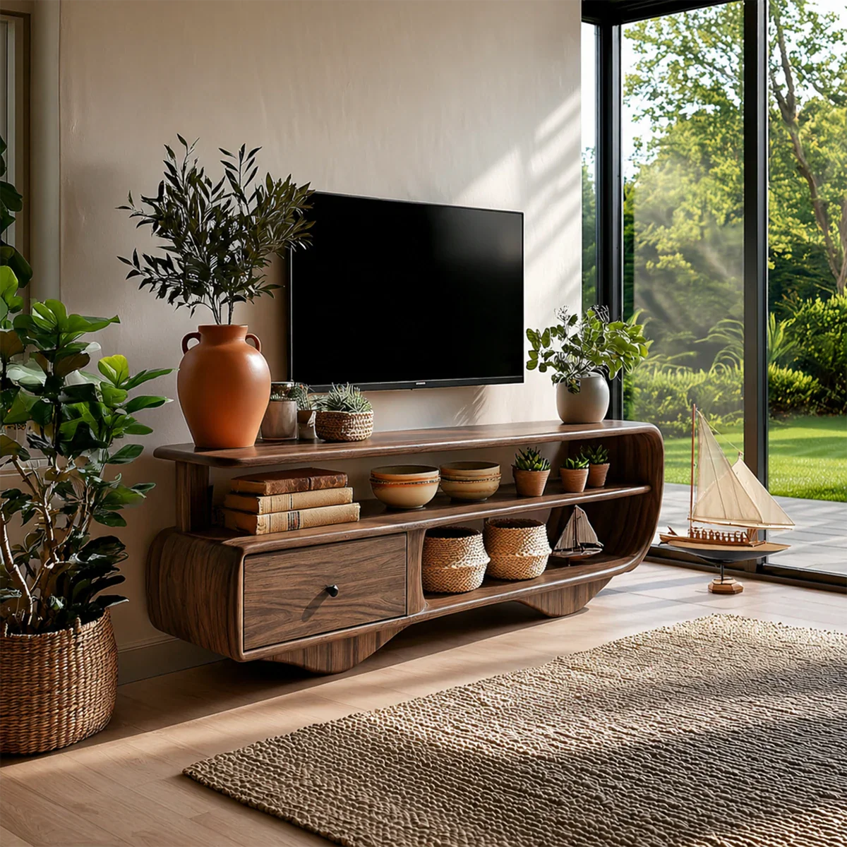 Low Profile TV Stand with Drawer and Open Shelves in Natural Solid Wood - ArborisWood - 7