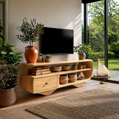 Low Profile TV Stand with Drawer and Open Shelves in Natural Solid Wood - ArborisWood - 8