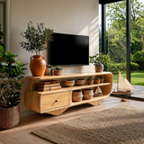Low Profile TV Stand with Drawer and Open Shelves in Natural Solid Wood - Arboriswood - 8