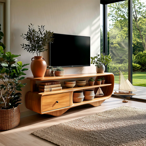 Low Profile TV Stand with Drawer and Open Shelves in Natural Solid Wood - ArborisWood