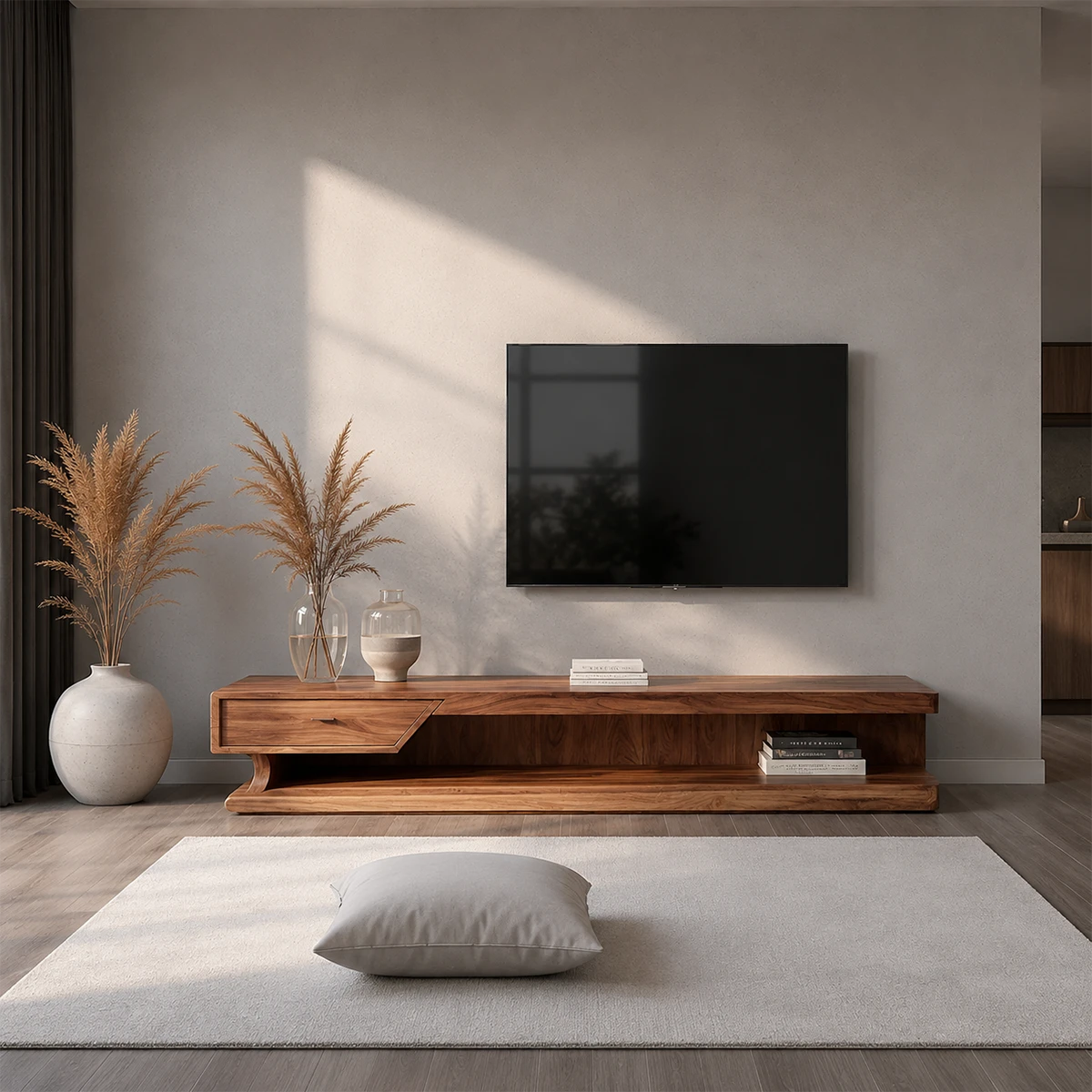 Low Profile TV Stand with Storage Drawers in Natural Solid Wood - ArborisWood - 2