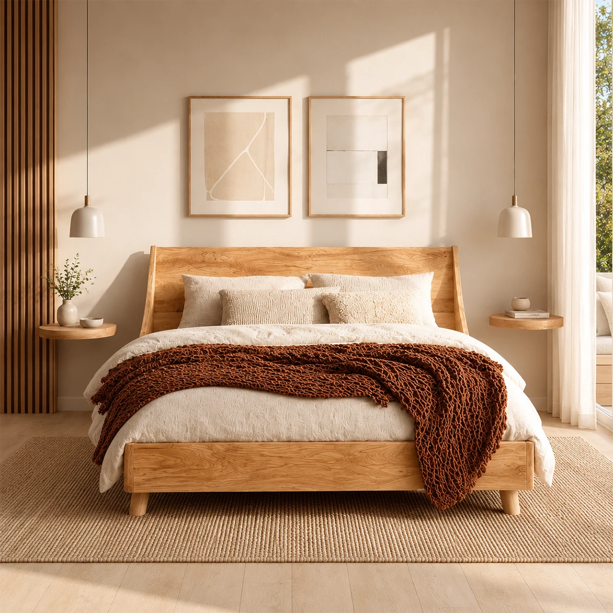 Low Profile Wooden Bed Frame in Natural Solid Wood With Sloped Headboard - ArborisWood - 3