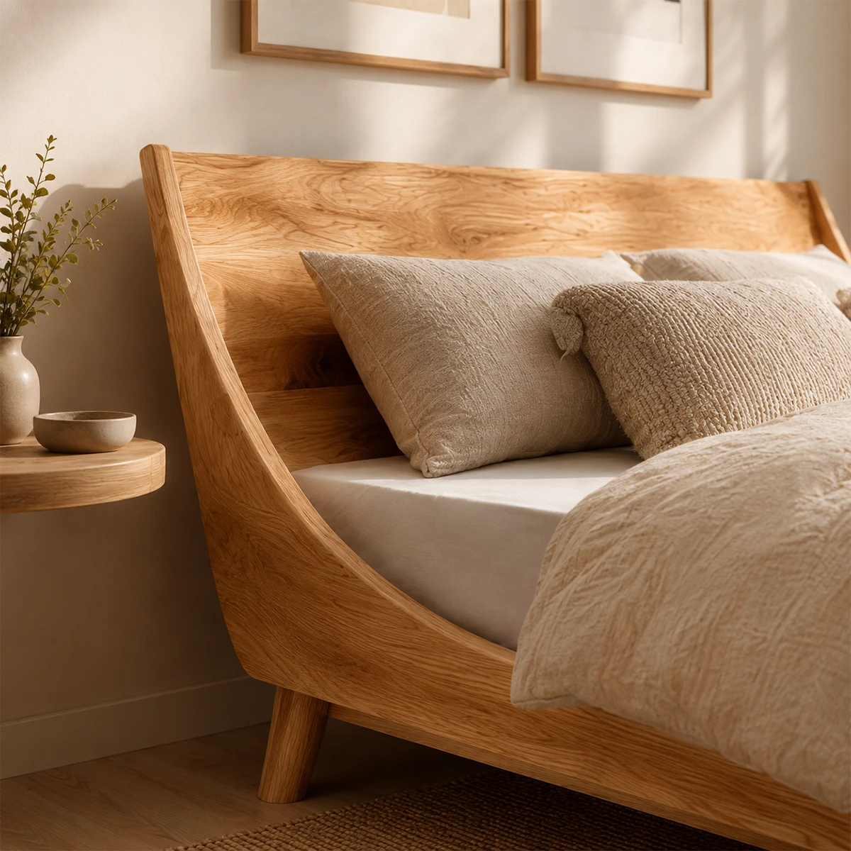 Low Profile Wooden Bed Frame in Natural Solid Wood With Sloped Headboard - ArborisWood - 4