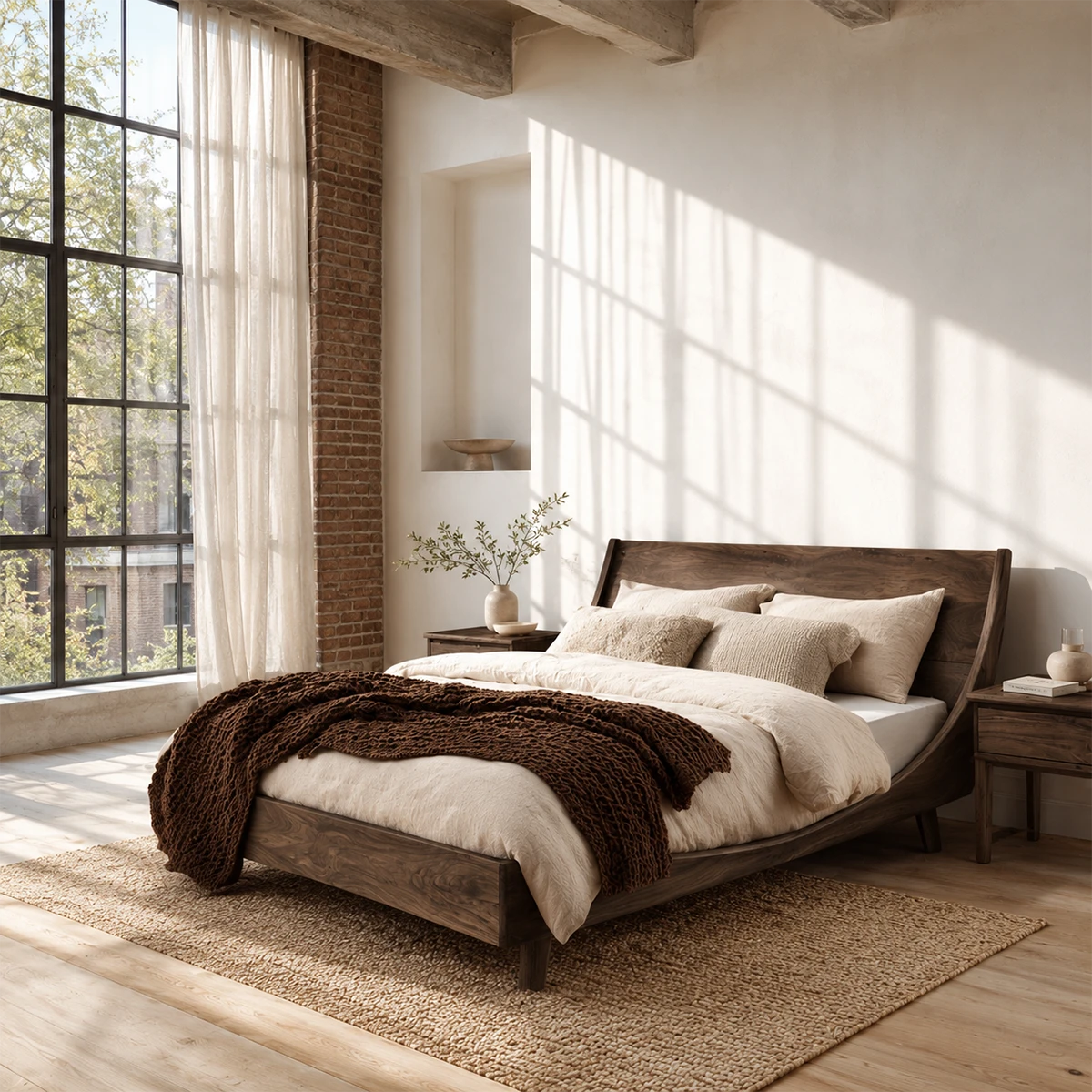 Low Profile Wooden Bed Frame in Natural Solid Wood With Sloped Headboard - ArborisWood - 6