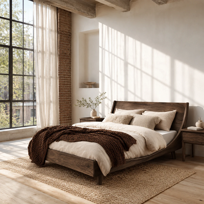 Low Profile Wooden Bed Frame in Natural Solid Wood With Sloped Headboard - ArborisWood - 6