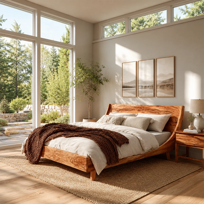 Low Profile Wooden Bed Frame in Natural Solid Wood With Sloped Headboard - ArborisWood - 7