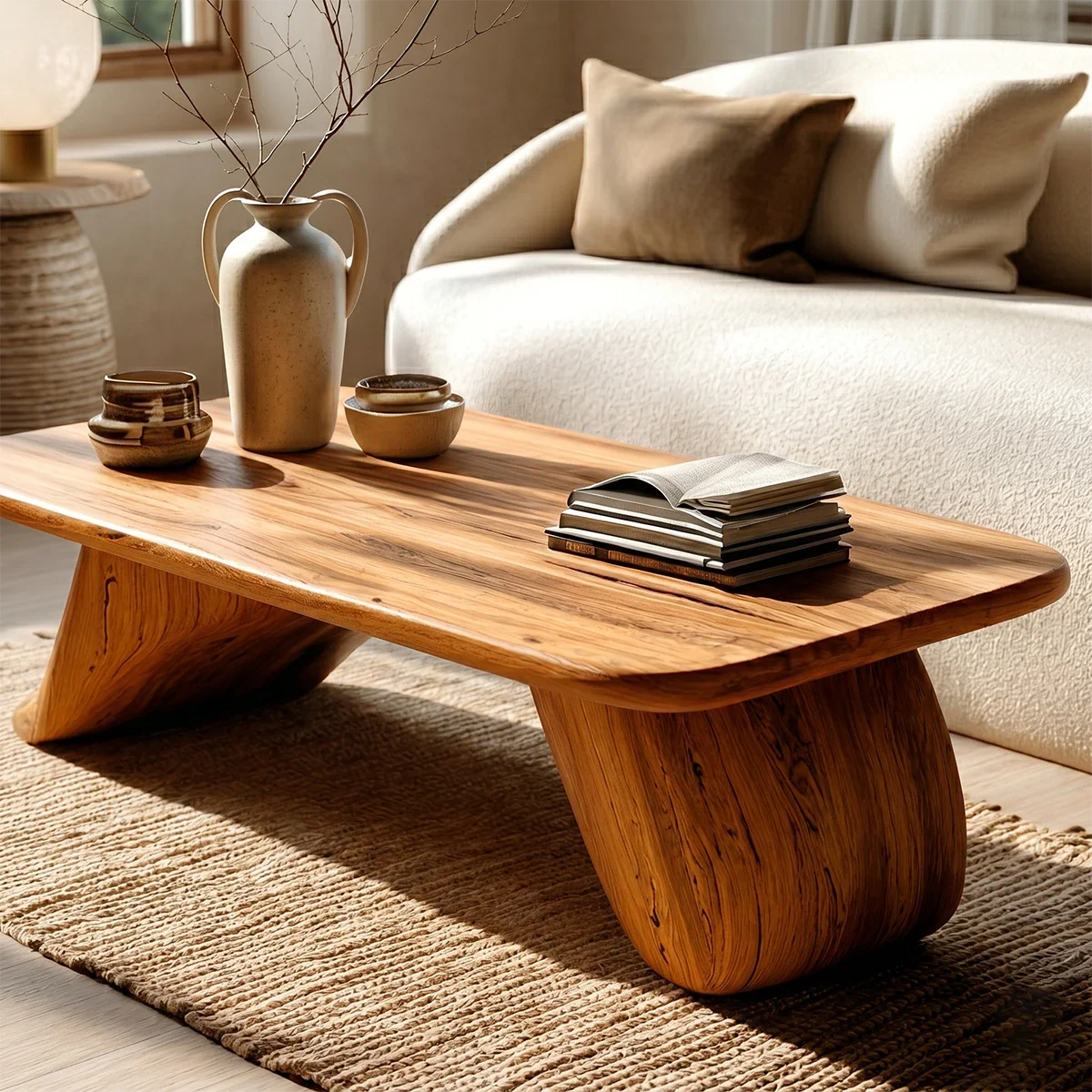 Low Wood Coffee Table with Sculpted Base – Minimal Center Table for Modern Interiors - ArborisWood - 4