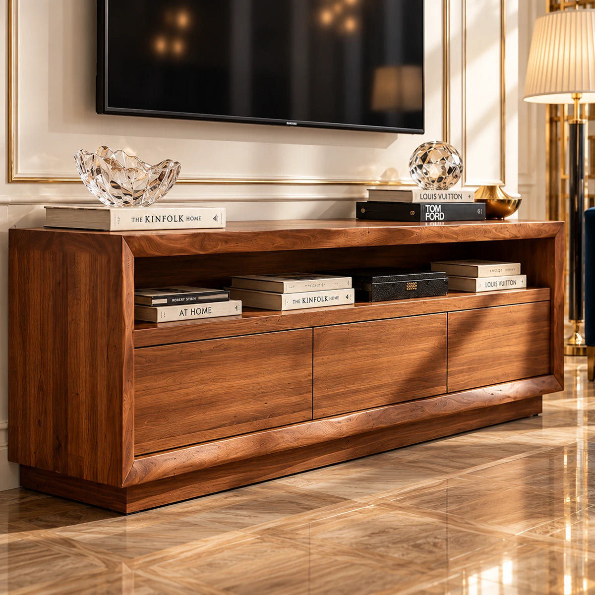 Low profile television stand in natural solid wood with brown tone finish details