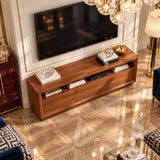 Contemporary media cabinet in natural solid wood with open cubbies and drawers below