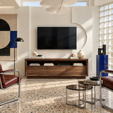 Streamlined TV cabinet in natural solid wood with broad storage and clean symmetry