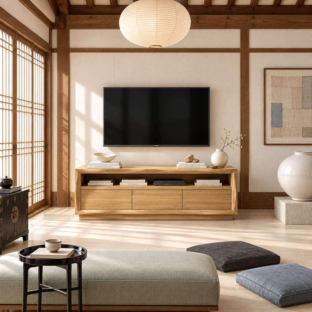 Sophisticated entertainment console in natural solid wood with a warm brown finish