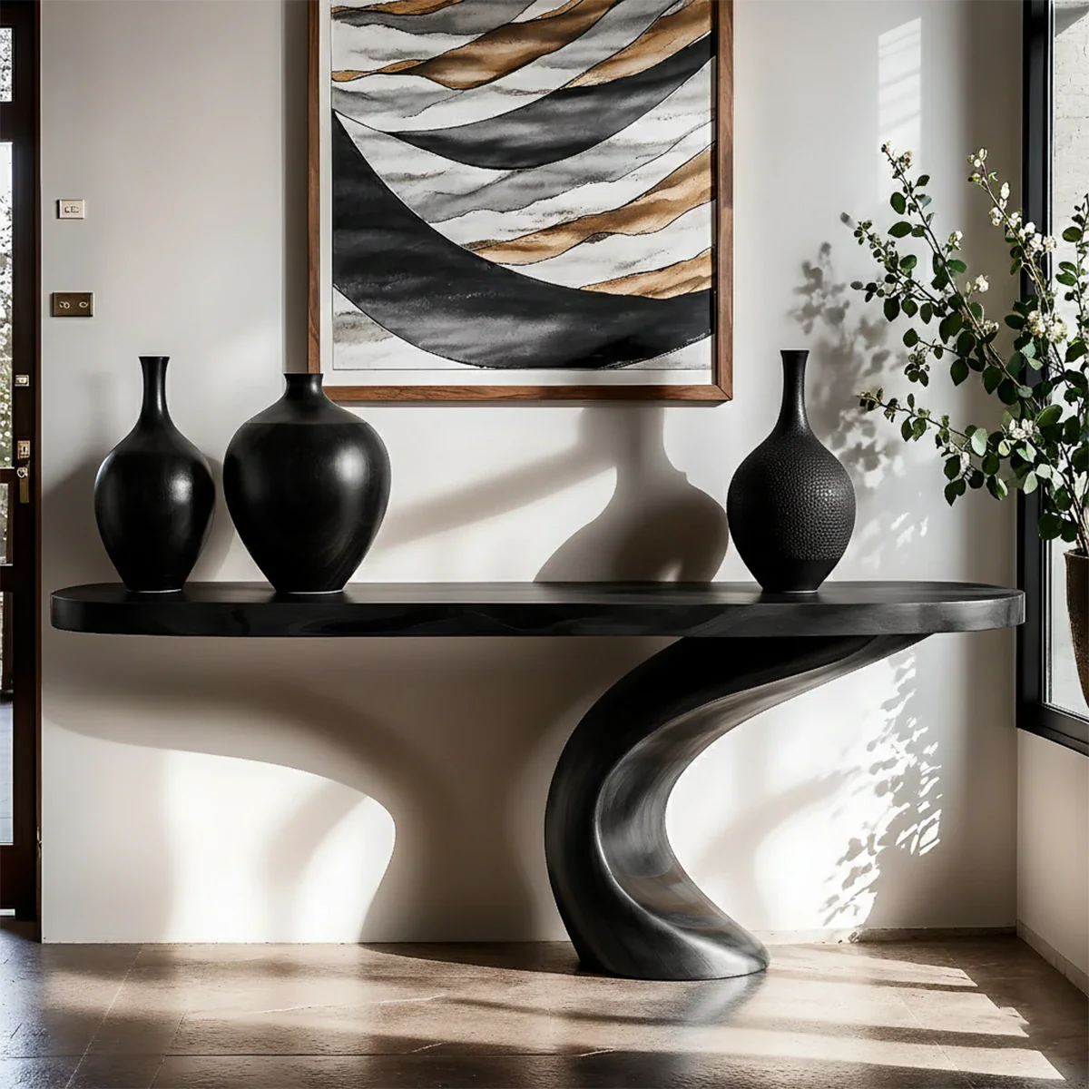 Luxury Sculptural Console Table Natural Solid Wood Entryway Curved Base - ArborisWood - 9