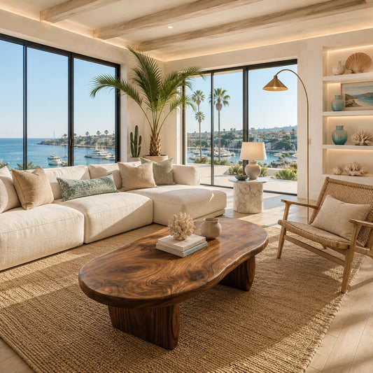 Organic coffee table with thick sculpted legs and a broad freeform solid wood top