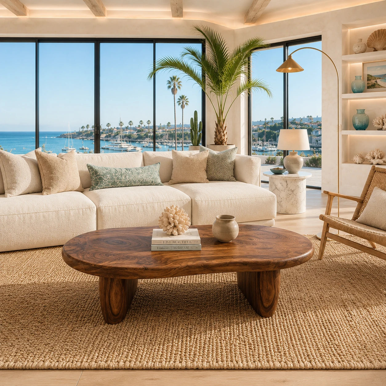 Low profile coffee table featuring a wide organic top and substantial solid wood supports