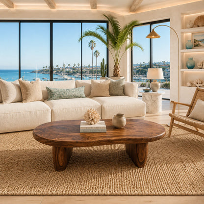 Low profile coffee table featuring a wide organic top and substantial solid wood supports