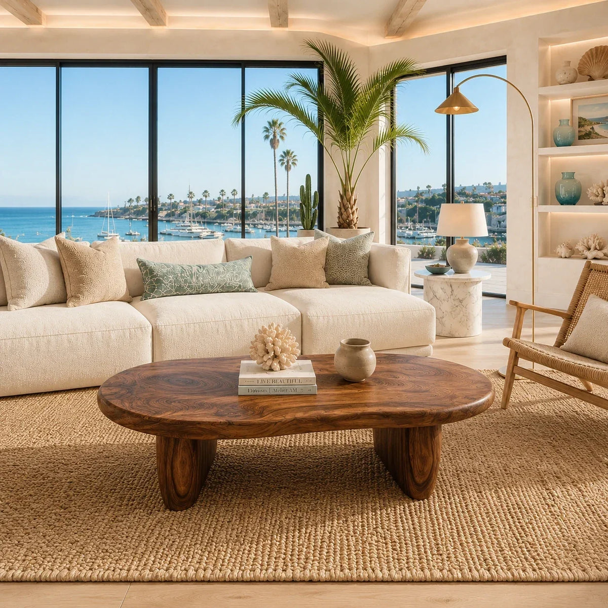 Low profile coffee table featuring a wide organic top and substantial solid wood supports