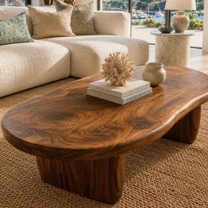 Modern coffee table with freeform silhouette and chunky handcrafted solid wood base