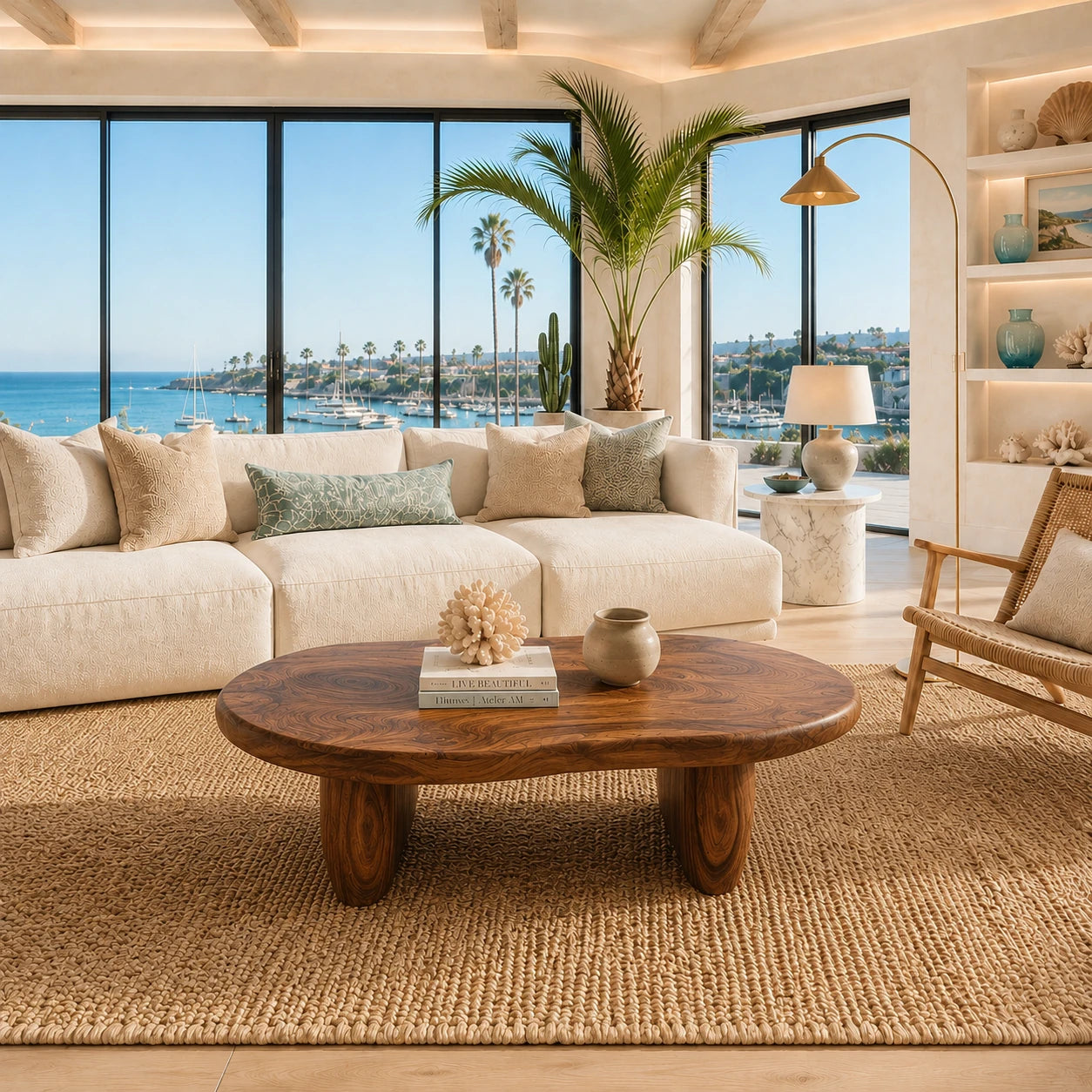 Premium coffee table with rounded organic lines and a substantial handcrafted wood frame