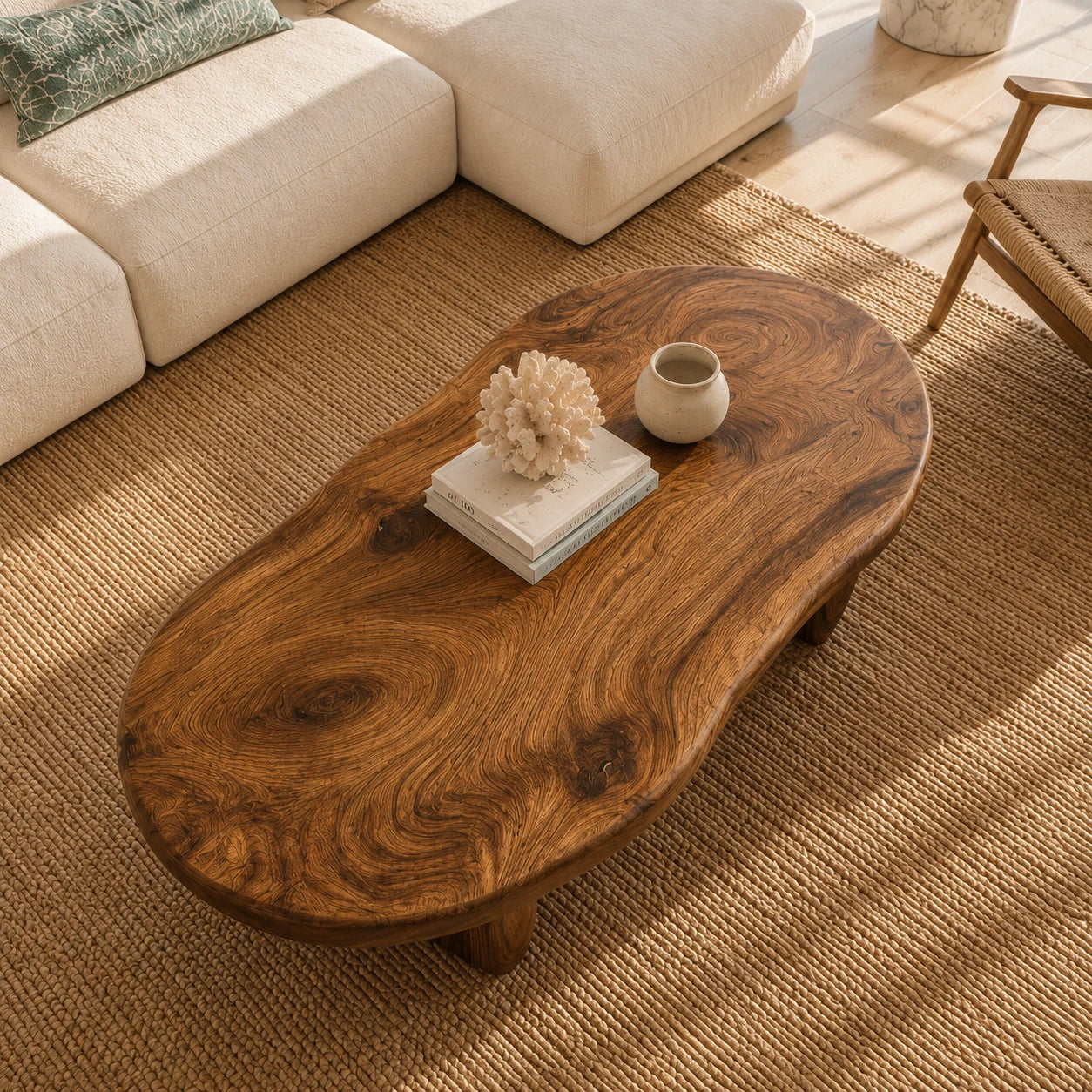 Designer coffee table combining rounded contours with thick sculptural solid wood legs