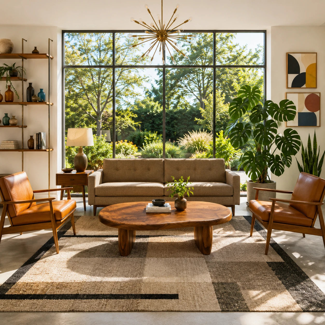 Living room coffee table with a broad curved top and sturdy handcrafted solid wood base