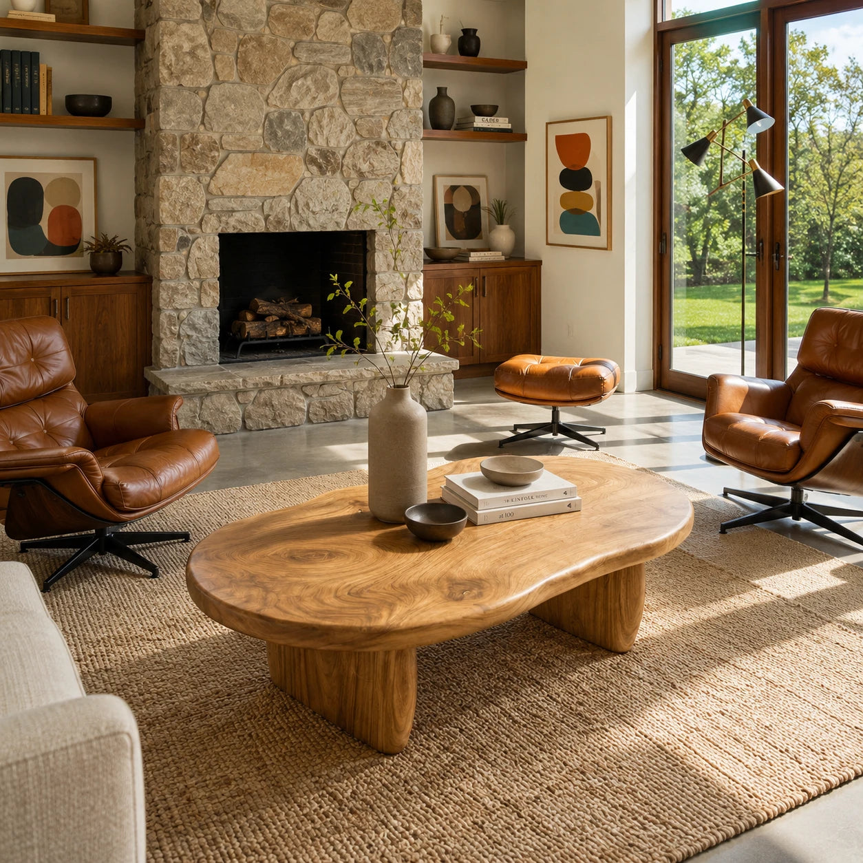Statement coffee table with an organic slab profile and bold low-set solid wood supports