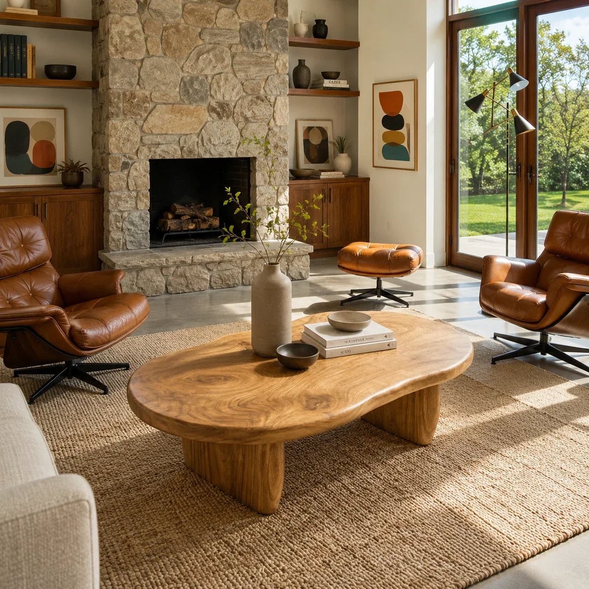 Statement coffee table with an organic slab profile and bold low-set solid wood supports