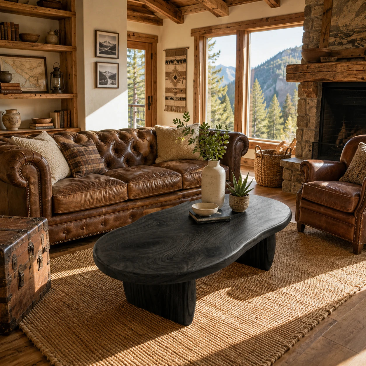 Contemporary coffee table with flowing edges and substantial solid wood leg construction