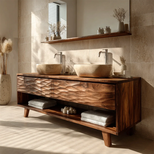 Mediterranean teak double bathroom vanity with handcarved wave front