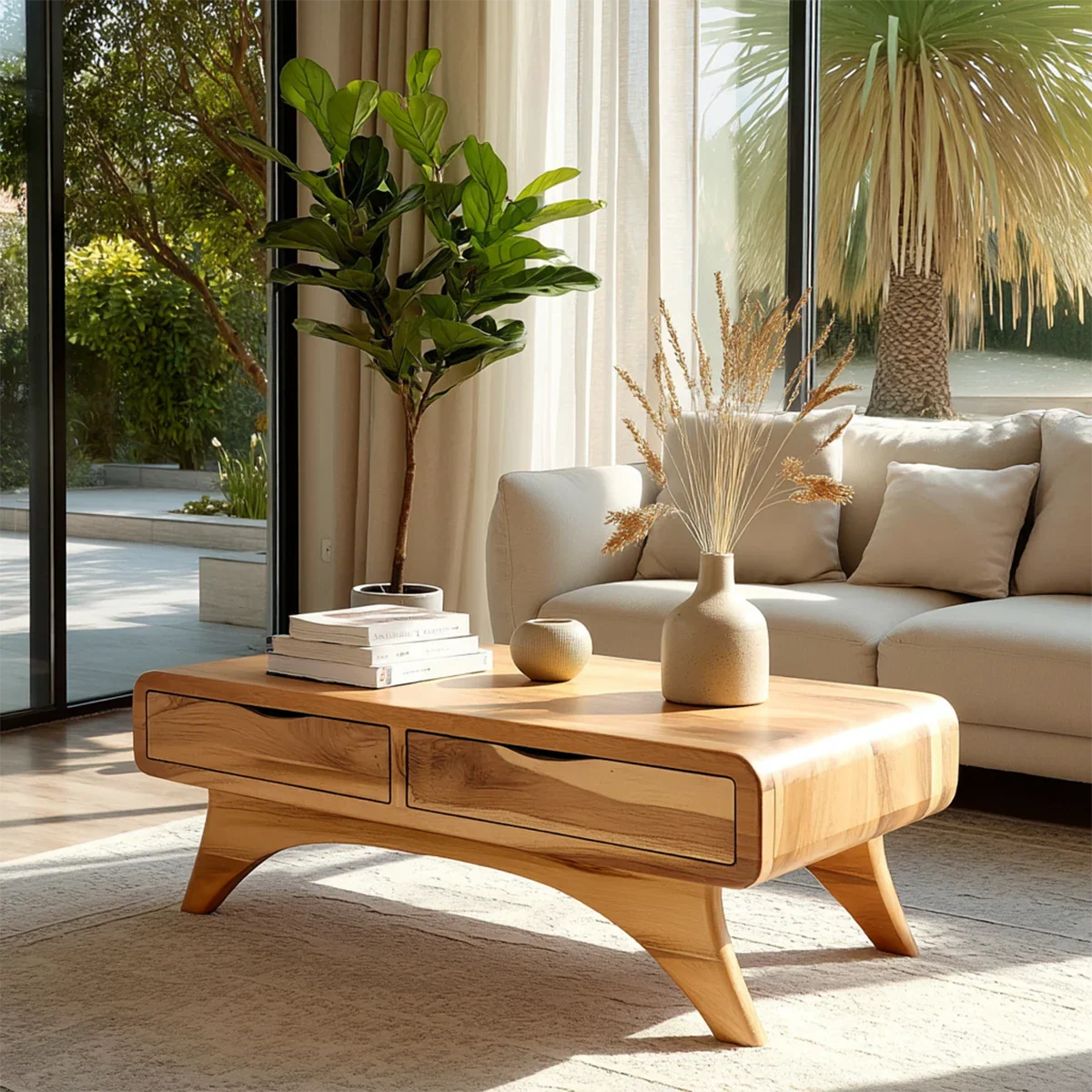 Mid century coffee table with storage drawers and tapered legs for modern living room styling