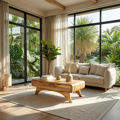 Modern coffee table featuring built-in drawers and raised legs for clean interior spaces