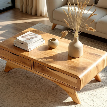 Low coffee table with storage drawers and minimalist design for organized living rooms