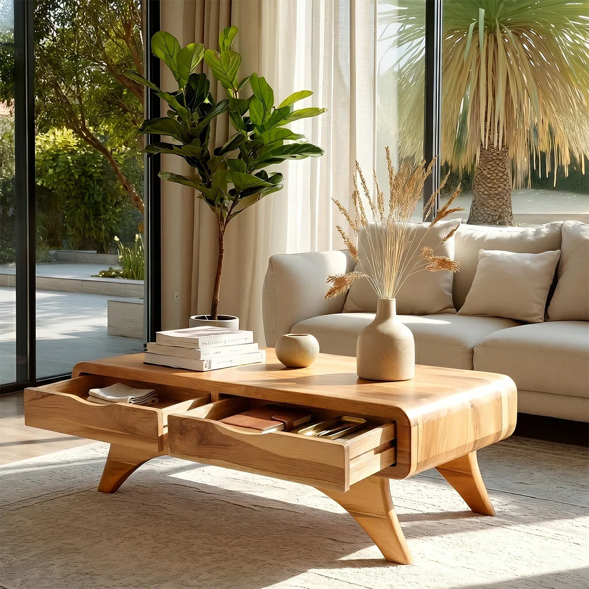 Contemporary coffee table with smooth edges and drawer storage for everyday use
