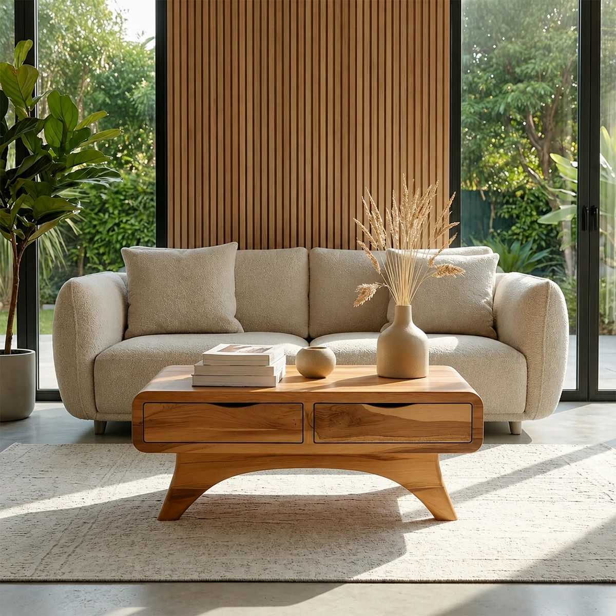 Modern Coffee Table with Two Drawers – Natural Wood Center Table for Living Room