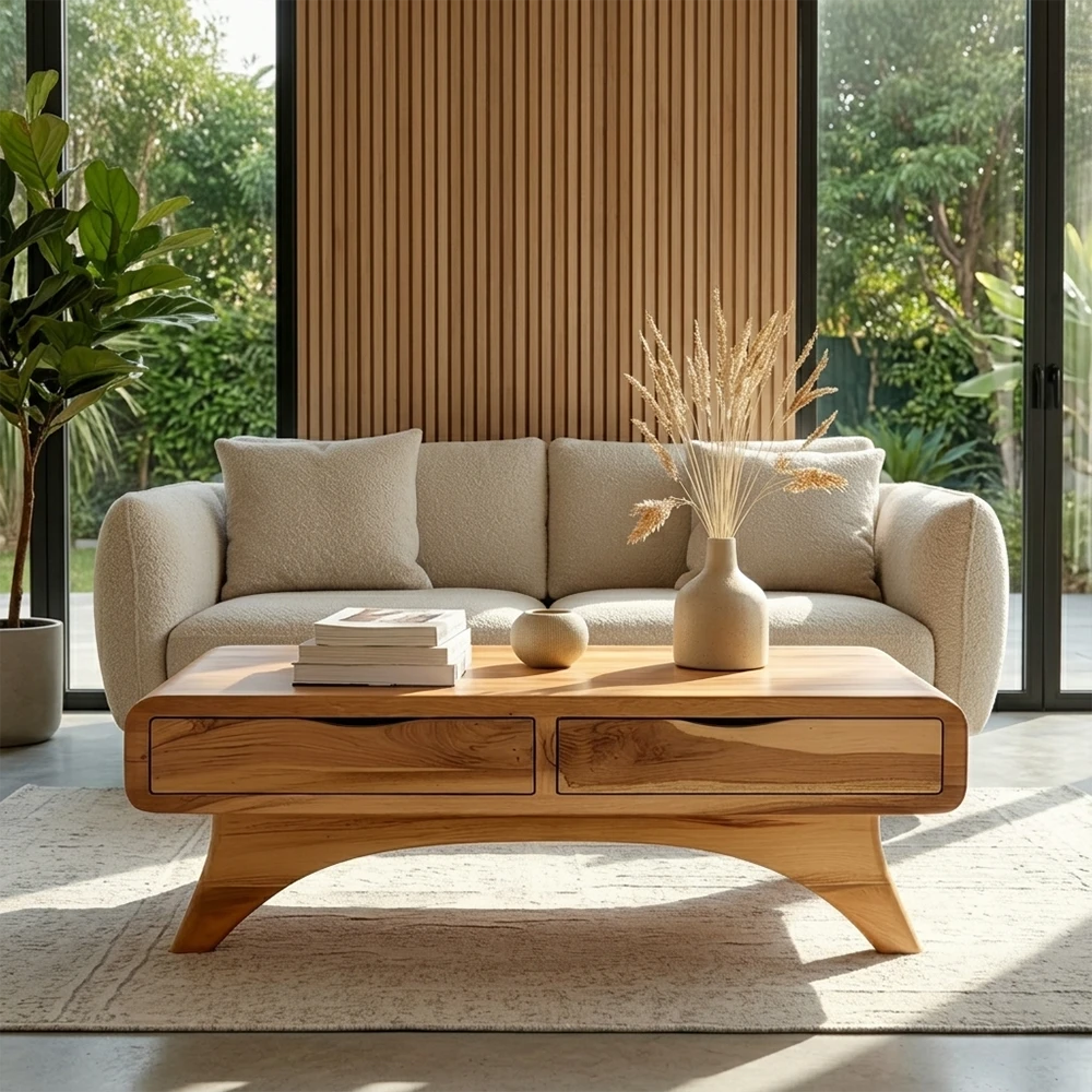 Modern Coffee Table with Two Drawers – Natural Wood Center Table for Living Room
