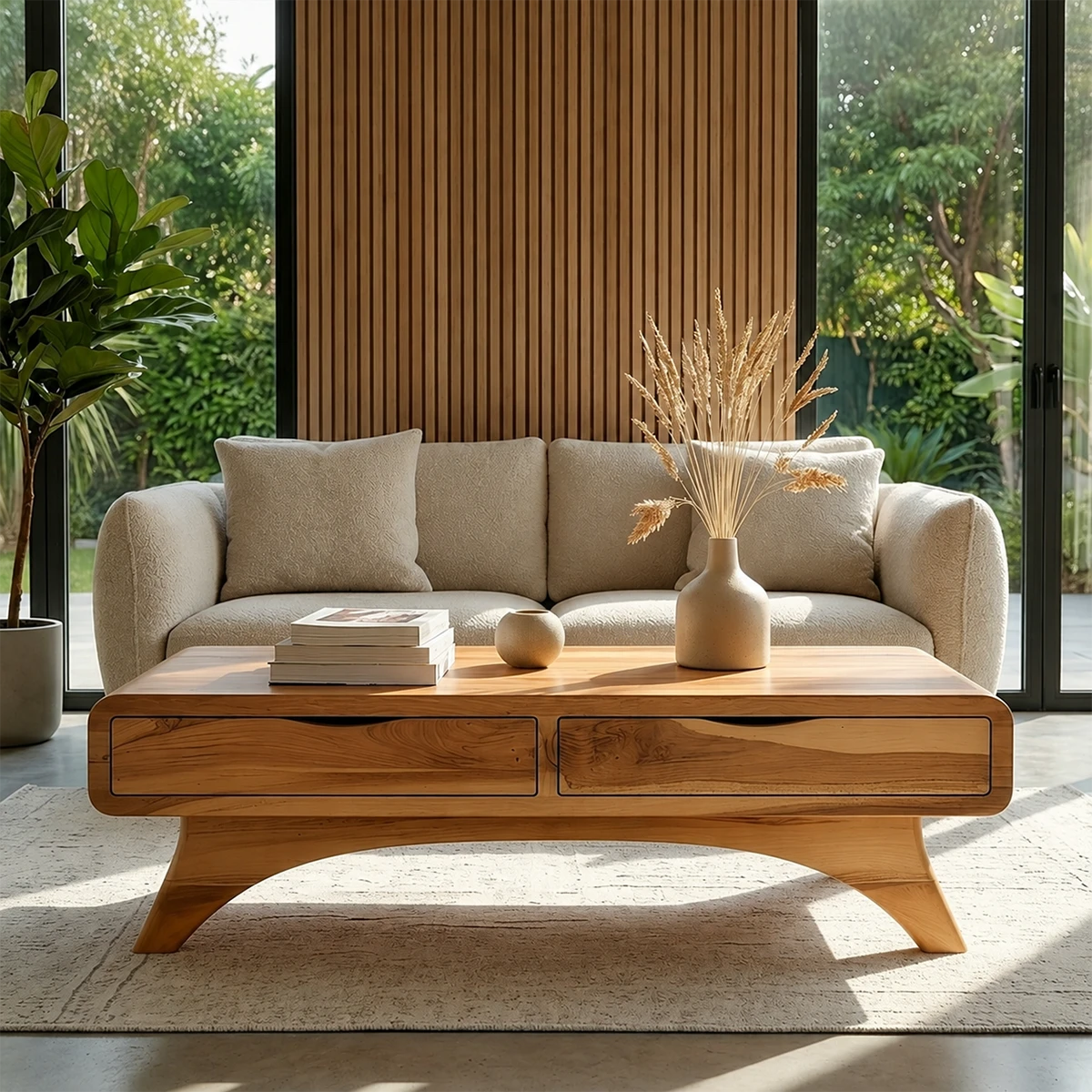 Modern Coffee Table with Two Drawers – Natural Wood Center Table for Living Room