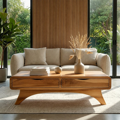 Modern Coffee Table with Two Drawers – Natural Wood Center Table for Living Room