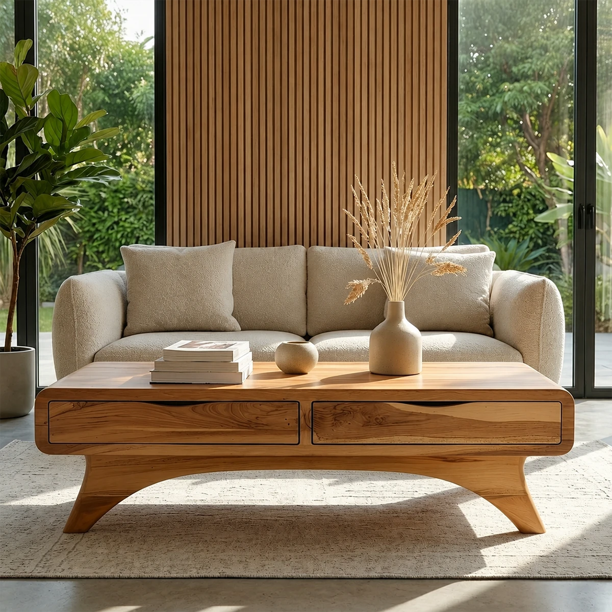 Modern Coffee Table with Two Drawers – Natural Wood Center Table for Living Room
