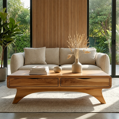 Modern Coffee Table with Two Drawers – Natural Wood Center Table for Living Room