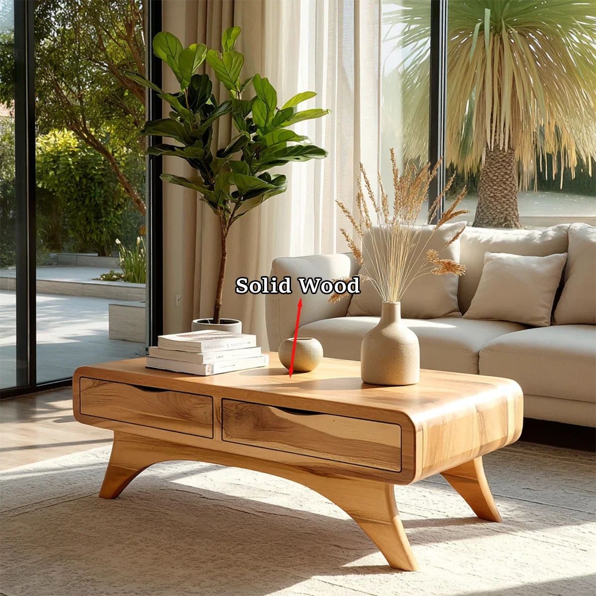 Minimalist coffee table with drawer compartments and soft edges for modern home decor