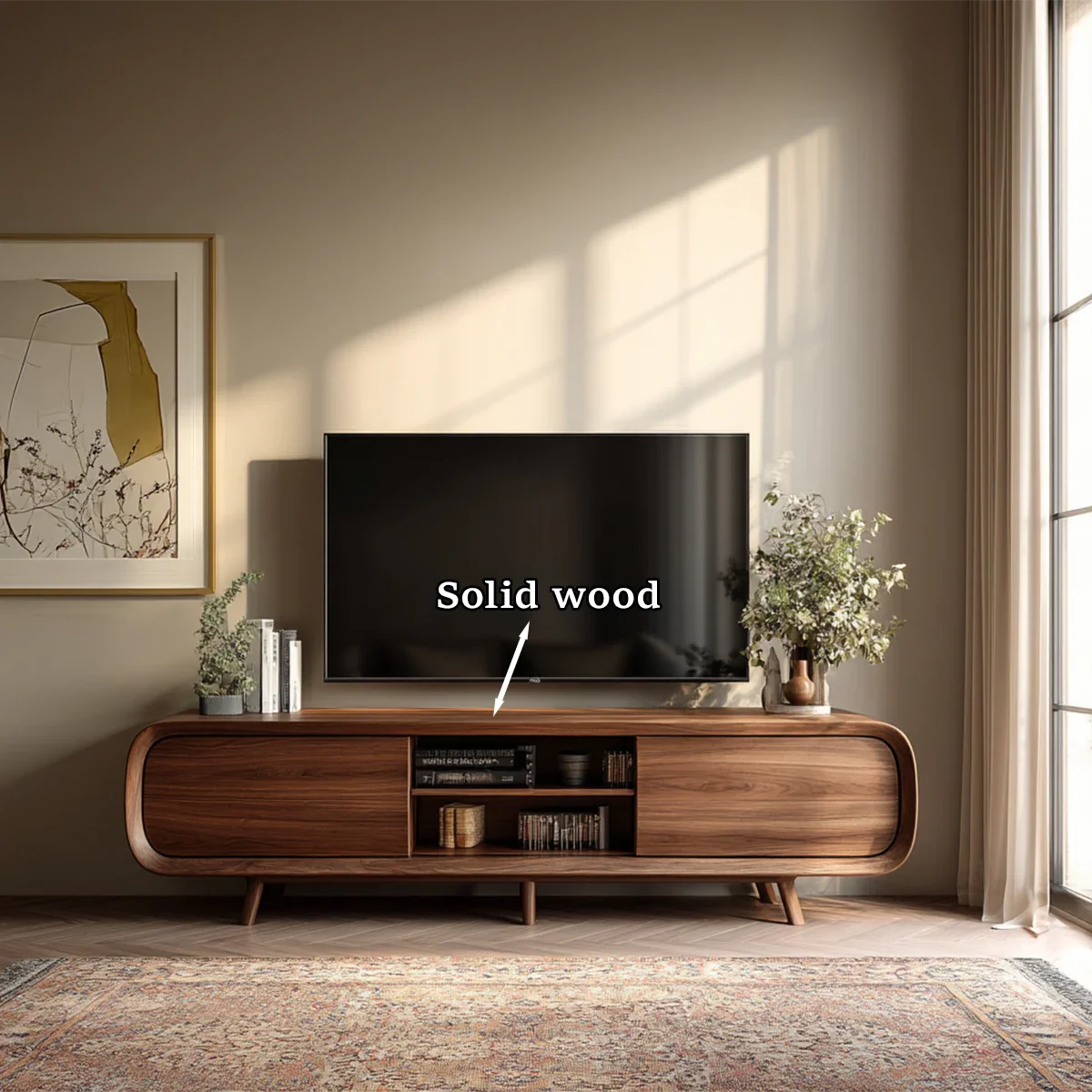 Mid Century Curved TV Stand in Natural Solid Wood with Door Storage and Open Shelf - ArborisWood - 10