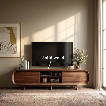 Mid Century Curved TV Stand in Natural Solid Wood with Door Storage and Open Shelf - ArborisWood - 10