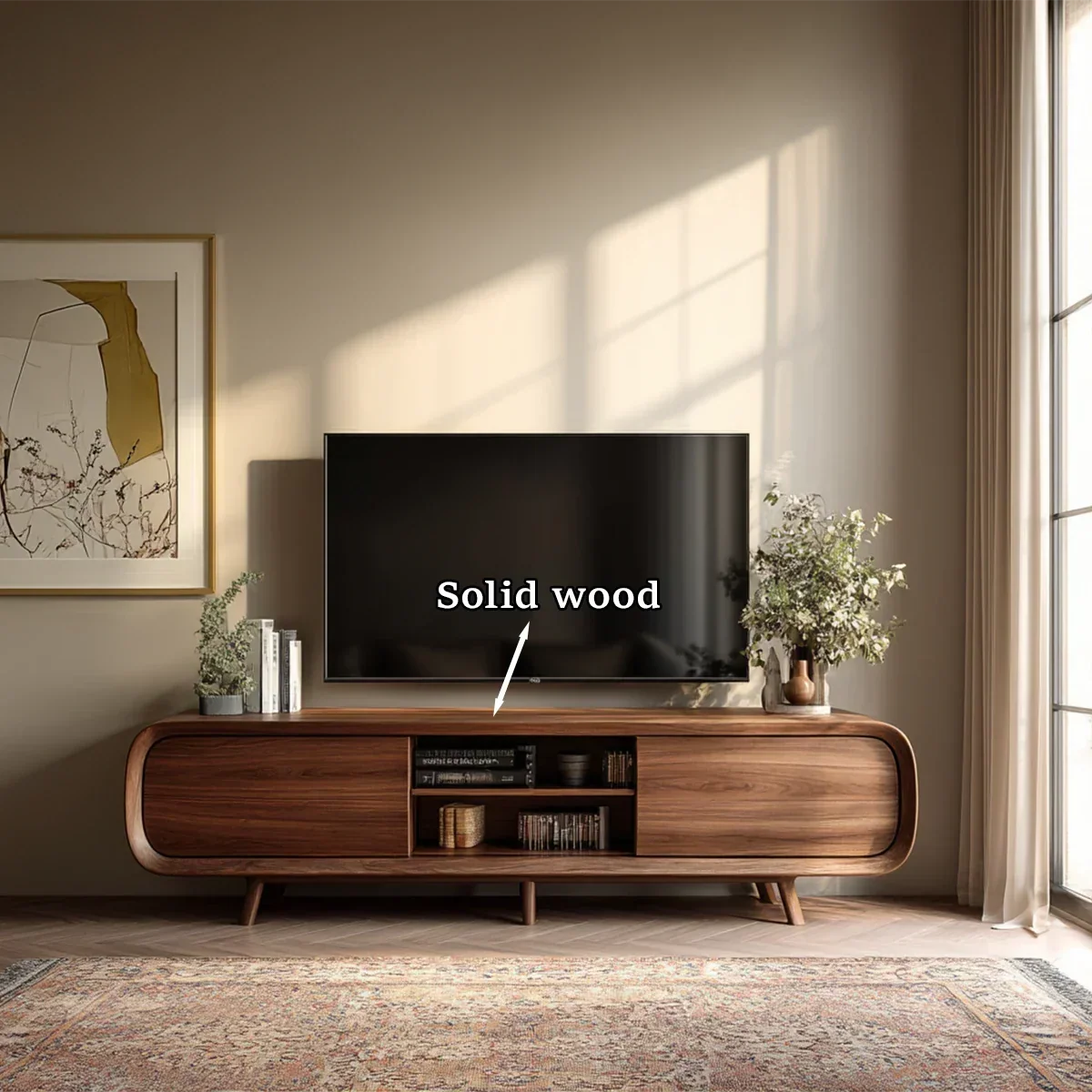 Mid Century Curved TV Stand in Natural Solid Wood with Door Storage and Open Shelf - Arboriswood - 10